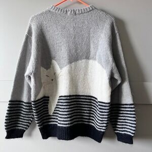 Vintage Original Hikosen Womens Grey Striped Cat Knit Cardigan Sweater L Wool